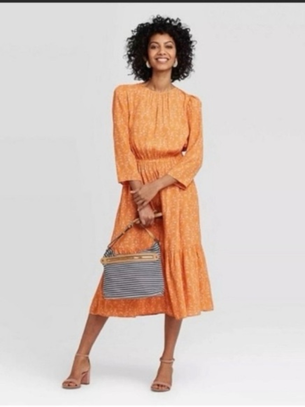 a new day Orange Puff-Sleeve Tiered Midi Dress